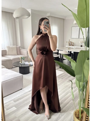 KATHİA ÇİÇEK DETAYLI KAHVE ELBİSE