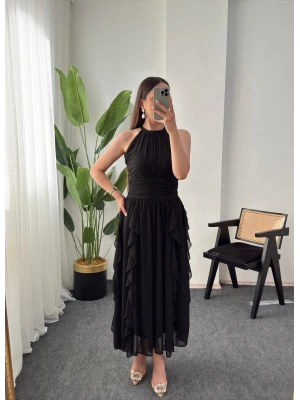 ANGEL ŞİFON FIRFIRLI SİYAH ELBİSE