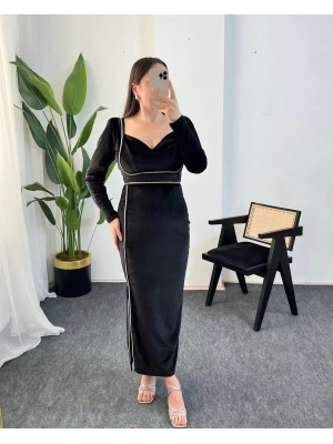 ANNA SİYAH KADİFE ELBİSE