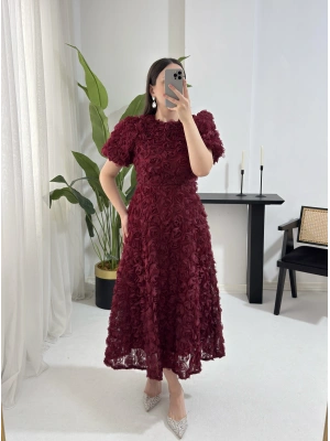 AURA MİDİ BOY GÜL DOKULU BORDO ELBİSE