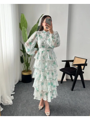 BELLA YEŞİL VOLANLI KAT KAT ŞİFON ELBİSE