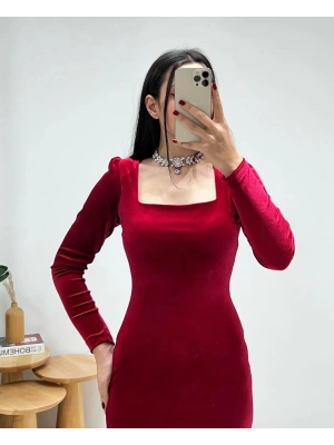BORDO KARE YAKA KADİFE ELBİSE