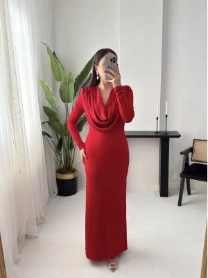 DALİA DEGAJE YAKA KIRMIZI ELBİSE