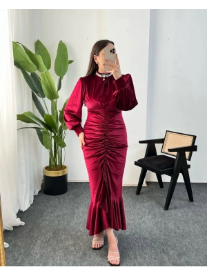 FİONA VOLANLI KADİFE BORDO ELBİSE