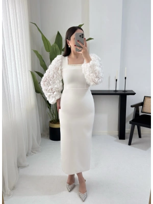 FLORA İNCİ KARE YAKA ÇİÇEK GÜPÜR DETAYLI ELBİSE