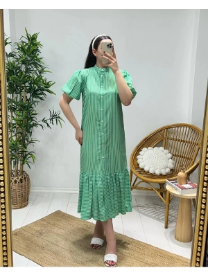 HAKİM YAKA BEYAZ ÇİZGİLİ ELBİSE