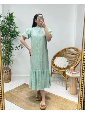 HAKİM YAKA YEŞİL ÇİZGİLİ ELBİSE