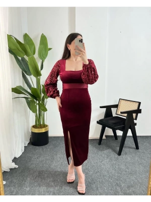KİRİ PAYET İŞLEMELİ KARE YAKA KADİFE BORDO ELBİSE