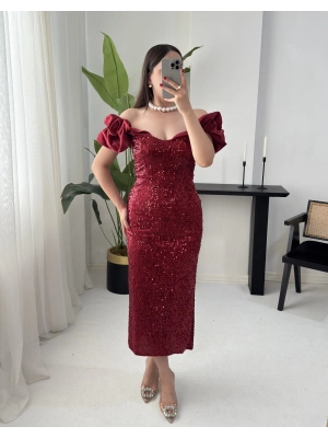 LENORA PAYETLİ BORDO ELBİSE