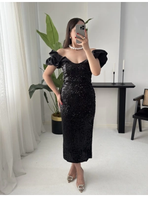 LENORA PAYETLİ SİYAH ELBİSE