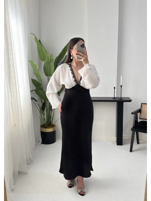 LULU DANTEL DETAYLI V YAKA SATEN ELBİSE