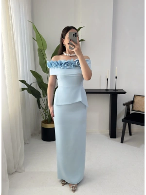 MATİLDA ÇİÇEK DETAYLI MAVİ ELBİSE