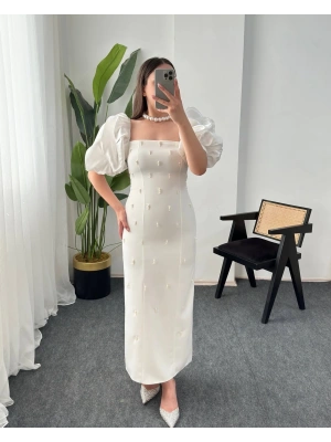 MOİRA KARE YAKA BALON KOL İNCİ İŞLEMELİ BEYAZ ELBİSE