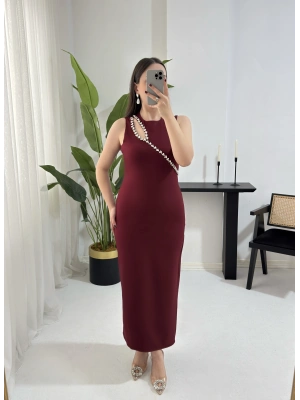 NİNA TAŞ YAKA BORDO ELBİSE