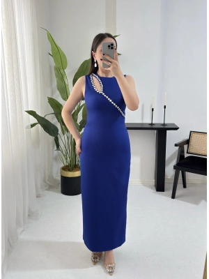 NİNA TAŞ YAKA SAX ELBİSE