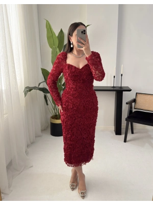 ROSELLE ÜÇ BOYUTLU GÜLLÜ KALP YAKA ELBİSE