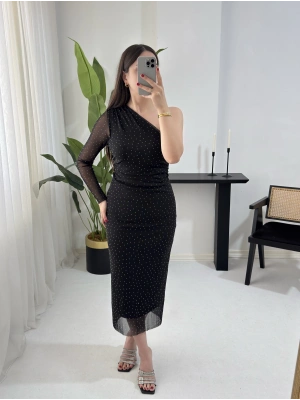 SANDRA OMUZ DETAYLI TAŞLI TÜL ELBİSE