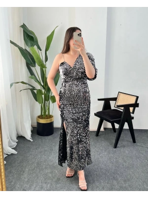 SHİNY GRİ PAYETLİ ELBİSE