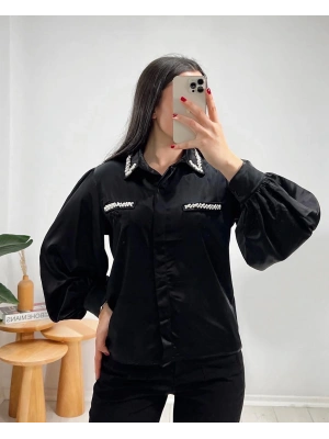 SİYAH İNCİ İŞLEME SATEN GÖMLEK