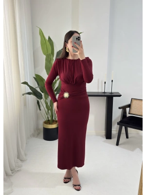 SONYA GOLD DETAYLI VATKALI BORDO ELBİSE