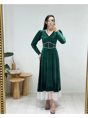 ZÜMRÜT İNCİ BEL DETAYLI KADİFE ELBİSE