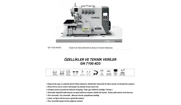 GN 7100 4/D3 4 İplik Elektrikli İp Kesicili Full Otomatik Overlok Makinesi