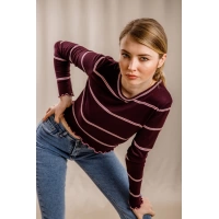 Çizgili Crop Triko - BORDO