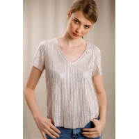 V Yaka Tasarım T-shirt-KREM