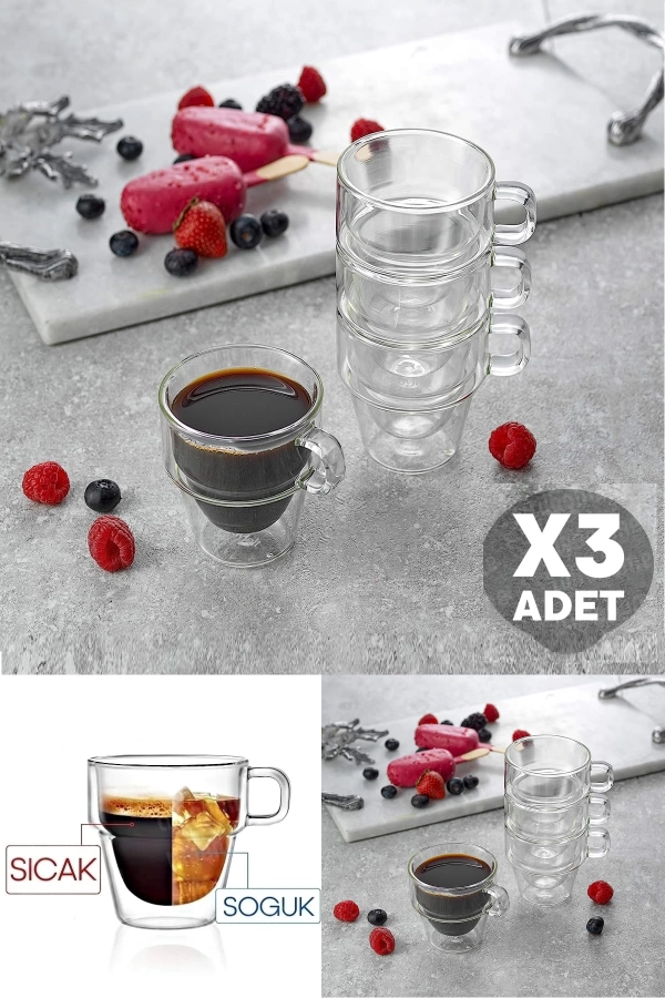 3lü Çift Cidarlı Bardak 2 Kat Still Kahve Çay Fincanı Süt Kahve Isıya Dayanıklı