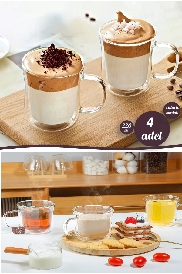 4lü Çift Cidarlı Bardak 220 ml Retro Çay Fincanı Kahve Sunum Bardağı