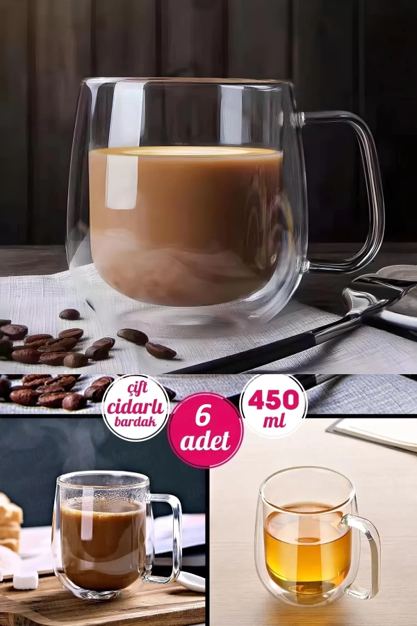 6Lı Çift Cidarlı Cam Kupa Bardak 450 ml Ev Ofis Fincanı Çift Katlı Isı Yalıtımlı
