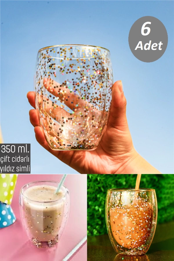 6lı Yıldız Simli Çift Cidarlı Bardak Kahve Sunum Kokteyl Bardağı Isıya