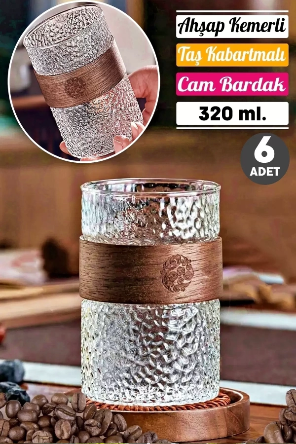 6lı Ahşap Kemerli Stil Bardak Kokteyl Meşrubat Kahve Sunum Bardağı
