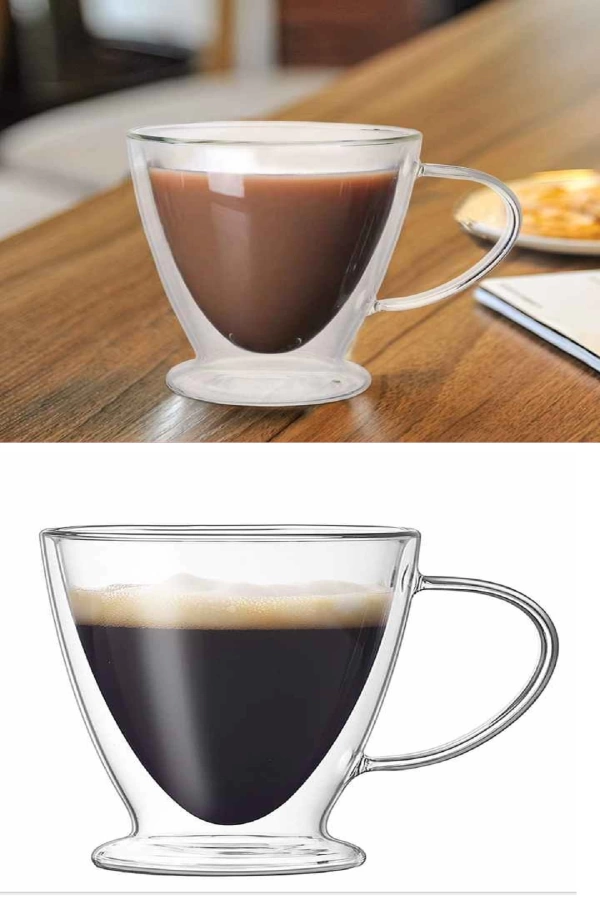 Çift Cidarlı Bardak Basık Taban Kahve Çay Fincanı Süt Çay Kahve Su Bardağı Kulplu