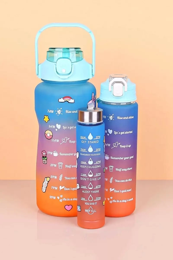 Colorful 3lü Motivasyon Suluk Matara Figürlü Pipetli Taşınabilir Su Şişesi