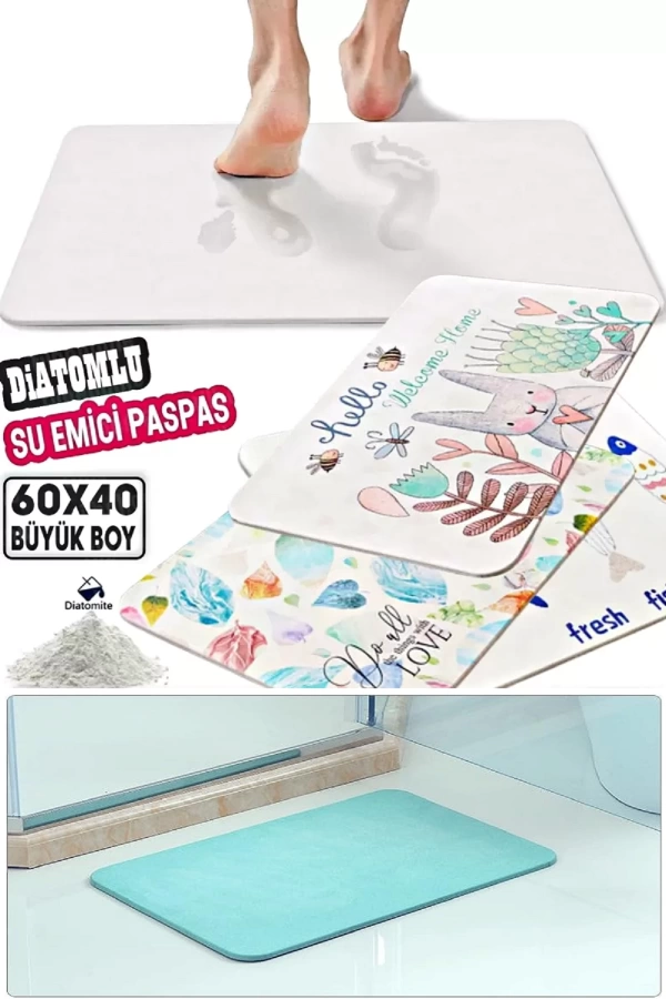 Diatom Paspas Sihirli Su Emici Banyo Paspası Hijyenik Figürlü Dayanıklı Paspas