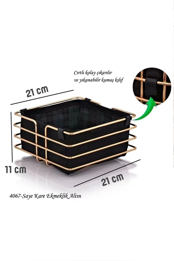 Lüx Metal Şeritli Kumaş Kare Ekmeklik Gümüş Krom Sofra Ekmek Sepeti