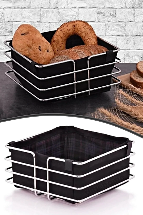 Lüx Metal Şeritli Kumaş Kare Ekmeklik Gümüş Krom Sofra Ekmek Sepeti