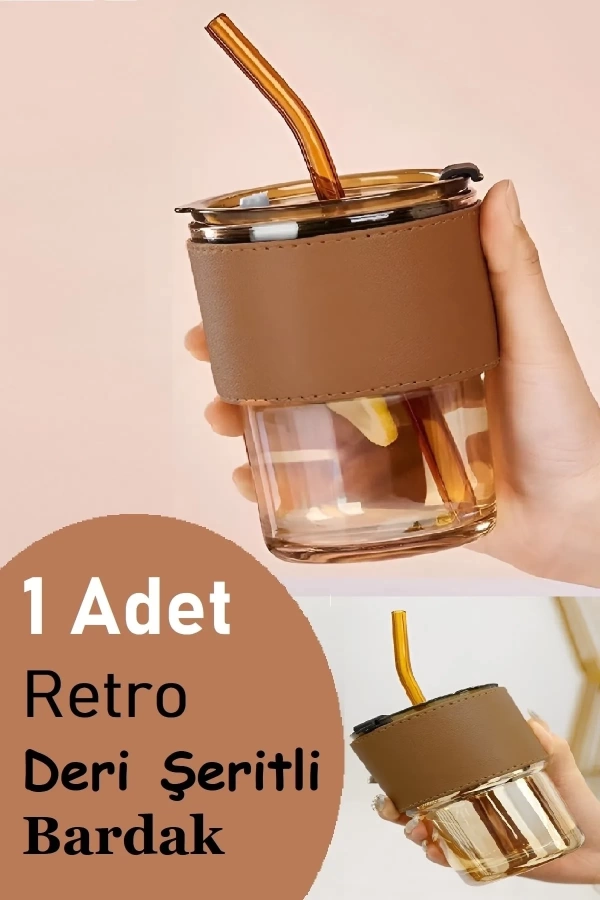 Retro Deri Şerit Pipetli Cam Bardak Isıya Dayanıklı Sızdırmaz Vakum Kapaklı