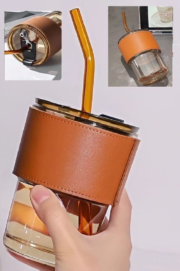 Retro Deri Şerit Pipetli Cam Bardak Isıya Dayanıklı Sızdırmaz Vakum Kapaklı