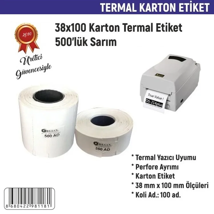 Resan 38*100  Sarı Karton Termal Etiket 500lü Sarım