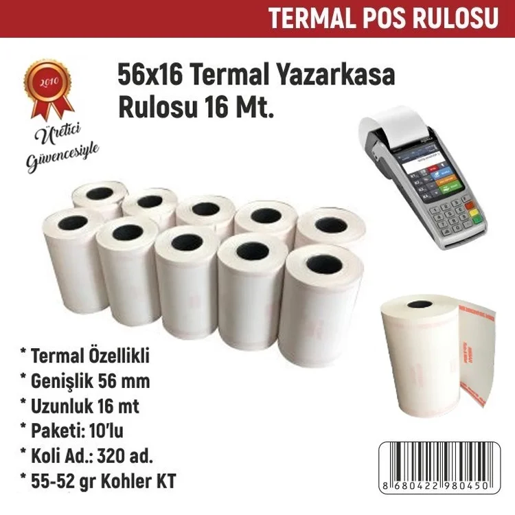 Resan 56*16 Termal Yazarkasa Pos Rulosu 16 Metre 10lu