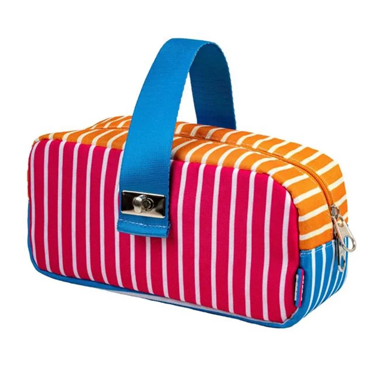 Serve S-case Kilitli Çizgili Kalem-makyaj Çantası Pembe-mavi-turuncu C Sv-sc06c