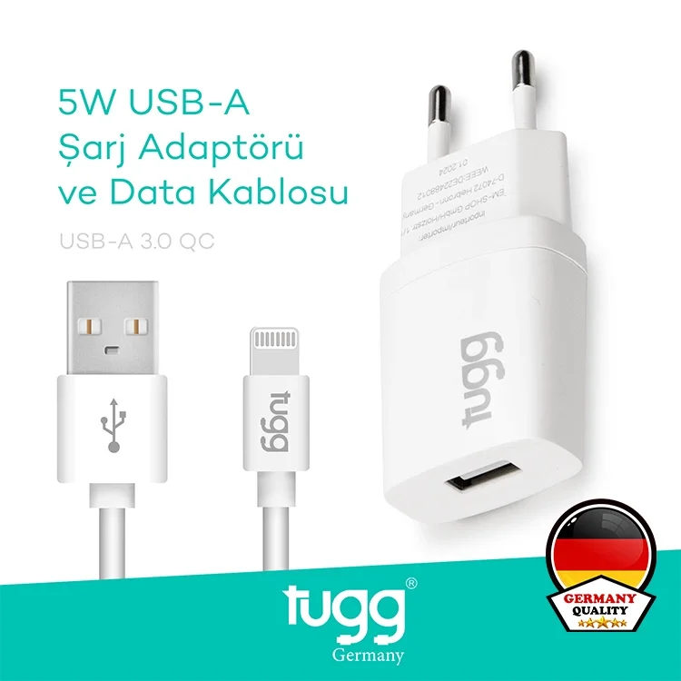 Tugg Germany Akıllı Şarj Başlık Seti 5w Isı Ve Akım Korumalı Usb+lightning İphone Kablolu 104300