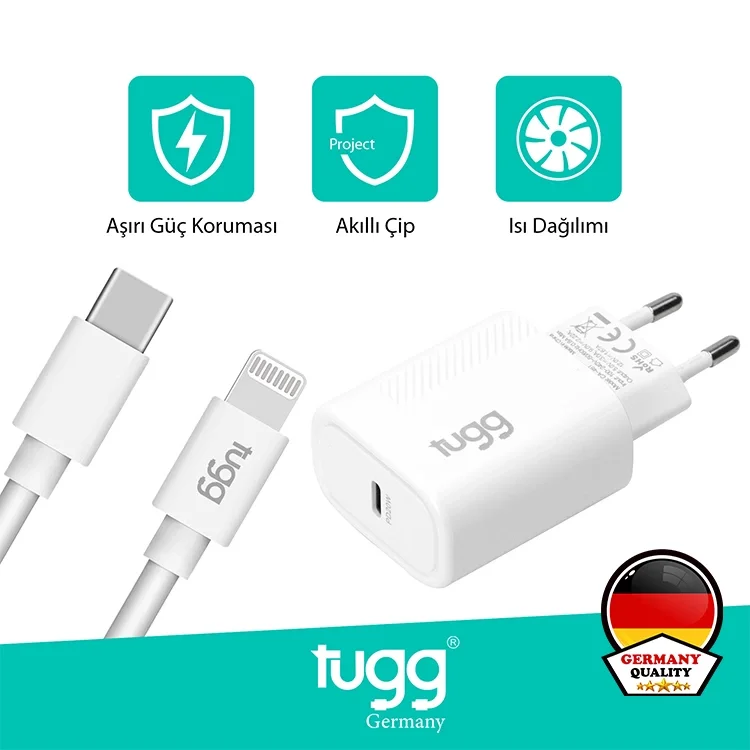 Tugg Germany Akıllı Şarj Başlık Seti 20w Isı Ve Akım Korumalı Hızlı Sarj Type-c + Lightning İphone Kablolu 104303