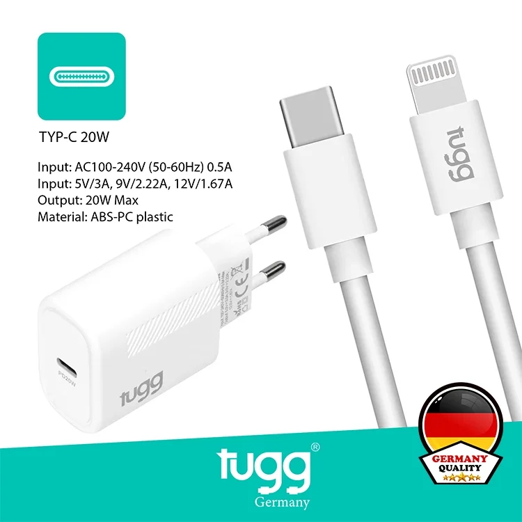 Tugg Germany Akıllı Şarj Başlık Seti 20w Isı Ve Akım Korumalı Hızlı Sarj Type-c + Lightning İphone Kablolu 104303