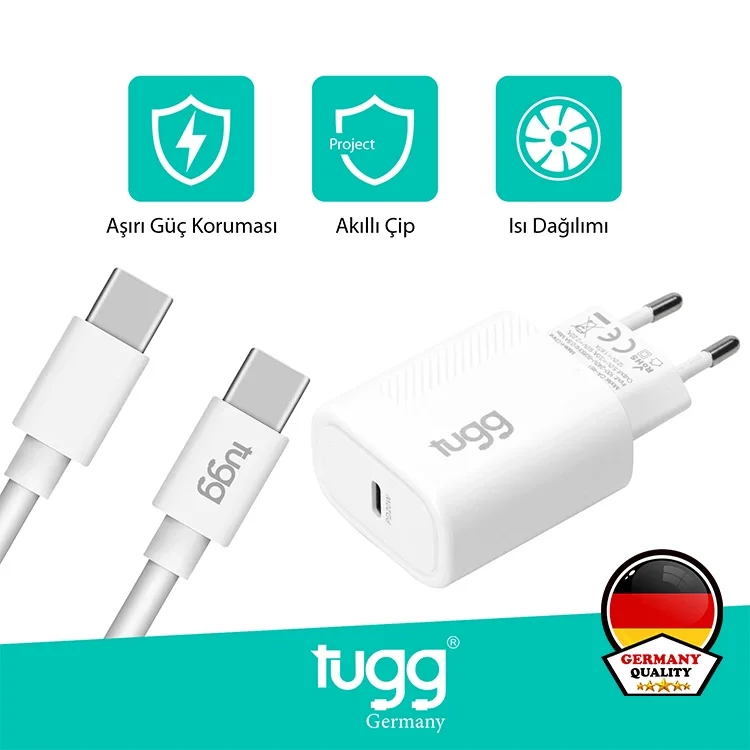 Tugg Germany Akıllı Şarj Başlık Seti 25w Isı Ve Akım Korumalı Turbo Hızlı Sarj Type-c + Type-c Kablolu 104304