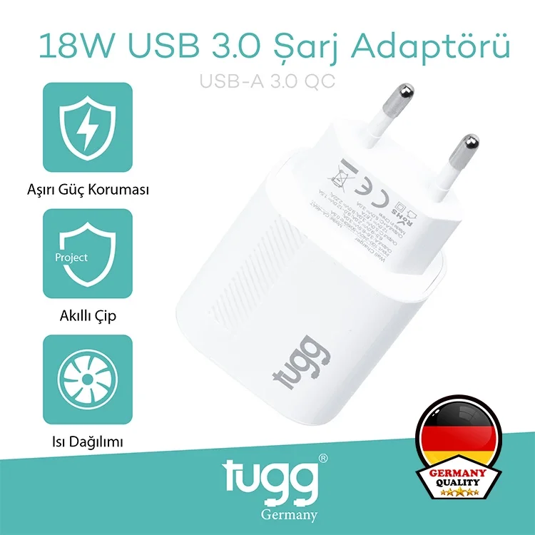 Tugg Germany Akıllı Şarj Başlık 18w Isı Ve Akım Korumalı Hızlı Sarj Usb Girişli 104402