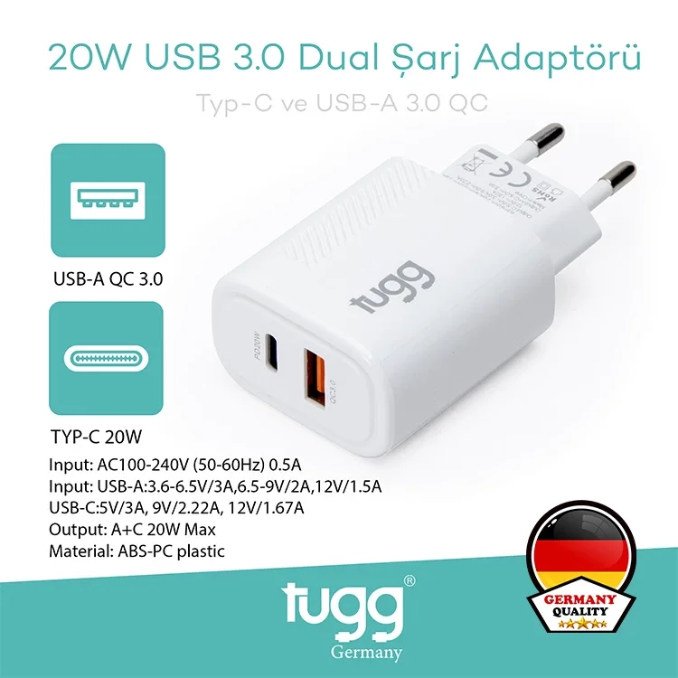 Tugg Germany Akıllı Şarj Başlık 20w Isı Ve Akım Korumalı Hızlı Sarj Usb+type-c Çift Girişli 104403