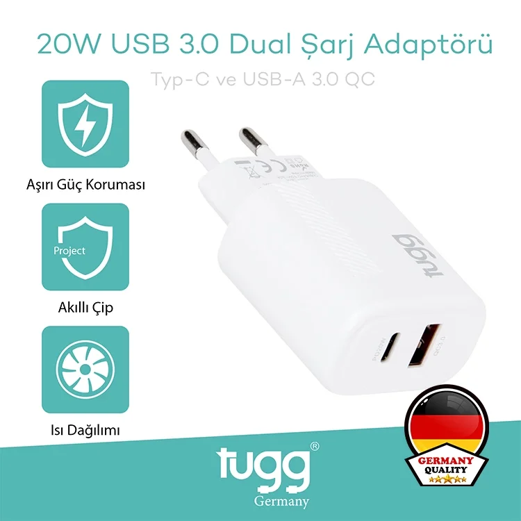 Tugg Germany Akıllı Şarj Başlık 20w Isı Ve Akım Korumalı Hızlı Sarj Usb+type-c Çift Girişli 104403
